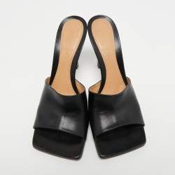 Pre Owned Bottega Veneta Black Leather Square Toe Slide Sandals Size 37.5