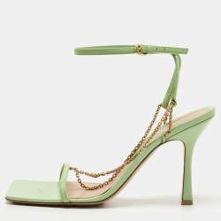 Pre Owned Bottega Veneta Green Leather Chain Ankle Strap Sandals Size 40