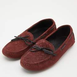 Pre Owned Bottega Veneta Burgundy Intrecciato Suede Slip On Loafers Size 36