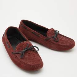 Pre Owned Bottega Veneta Burgundy Intrecciato Suede Slip On Loafers Size 36