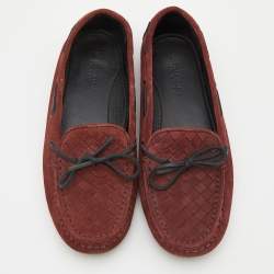 Pre Owned Bottega Veneta Burgundy Intrecciato Suede Slip On Loafers Size 36