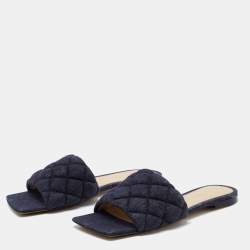 Pre Owned Bottega Veneta Navy Blue Quilted Denim Padded Slide Flats Size 37