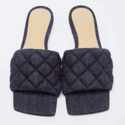 Pre Owned Bottega Veneta Navy Blue Quilted Denim Padded Slide Flats Size 37