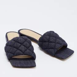 Pre Owned Bottega Veneta Navy Blue Quilted Denim Padded Slide Flats Size 37