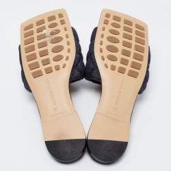 Pre Owned Bottega Veneta Navy Blue Quilted Denim Padded Slide Flats Size 37