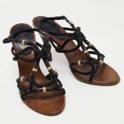 Pre Owned Bottega Veneta Black Satin Strappy Sandals Size 38.5
