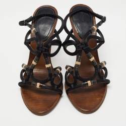 Pre Owned Bottega Veneta Black Satin Strappy Sandals Size 38.5