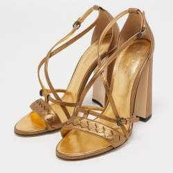 مملوكة مسبقًا Bottega Veneta Metallic Intrecciato Leather Block Heel Slingback Sandals Size 38
