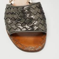 Pre Owned Bottega Veneta Metallic Grey Intrecciato Leather Ravello Slide Sandals Size 40