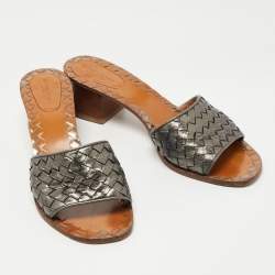 Pre Owned Bottega Veneta Metallic Grey Intrecciato Leather Ravello Slide Sandals Size 40