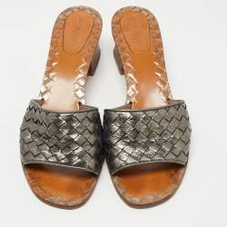 Pre Owned Bottega Veneta Metallic Grey Intrecciato Leather Ravello Slide Sandals Size 40