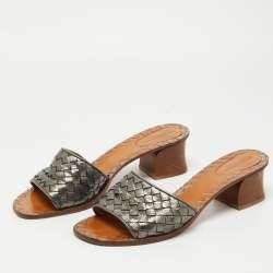 Pre Owned Bottega Veneta Metallic Grey Intrecciato Leather Ravello Slide Sandals Size 40