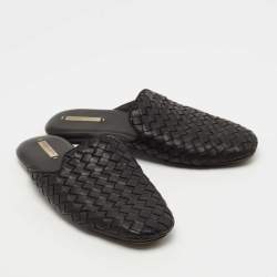 Pre Owned Bottega Veneta Black Intrecciato Leather Fiandra Flat Mules Size 35