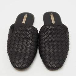 Pre Owned Bottega Veneta Black Intrecciato Leather Fiandra Flat Mules Size 35