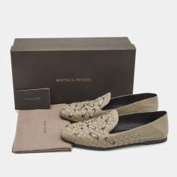 Pre Owned Bottega Veneta Grey Intrecciato Leather and Watersnake Leather Collapsible Smoking Slippers Size 36