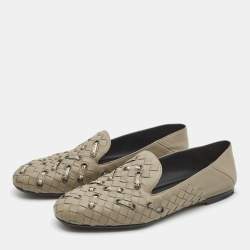 Pre Owned Bottega Veneta Grey Intrecciato Leather and Watersnake Leather Collapsible Smoking Slippers Size 36