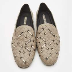 Pre Owned Bottega Veneta Grey Intrecciato Leather and Watersnake Leather Collapsible Smoking Slippers Size 36