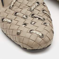 Pre Owned Bottega Veneta Grey Intrecciato Leather and Watersnake Leather Collapsible Smoking Slippers Size 36