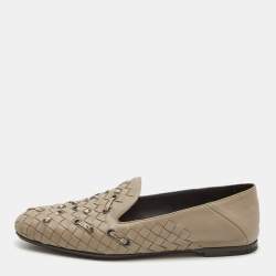 Pre Owned Bottega Veneta Grey Intrecciato Leather and Watersnake Leather Collapsible Smoking Slippers Size 36