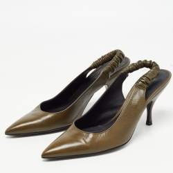 Pre Owned Bottega Veneta Olive Green Leather Slingback Pumps Size 37.5