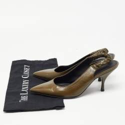 Pre Owned Bottega Veneta Olive Green Leather Slingback Pumps Size 37.5