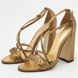 مملوكة مسبقًا Bottega Veneta Metallic Intrecciato Leather Block Heel Slingback Sandals Size 37.5