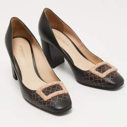 Pre Owned Bottega Veneta Black Leather Block Heel  Pumps Size 37.5