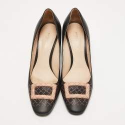 Pre Owned Bottega Veneta Black Leather Block Heel  Pumps Size 37.5