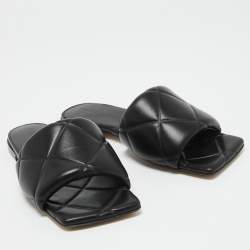 Pre Owned Bottega Veneta Black Leather Flat Slides Size 38 
