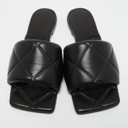 Pre Owned Bottega Veneta Black Leather Flat Slides Size 38 