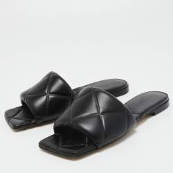 Pre Owned Bottega Veneta Black Leather Flat Slides Size 38 
