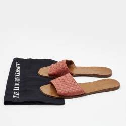 Pre Owned Bottega Veneta Pink Intrecciato Leather Flat Slides Size 41