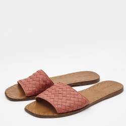 Pre Owned Bottega Veneta Pink Intrecciato Leather Flat Slides Size 41