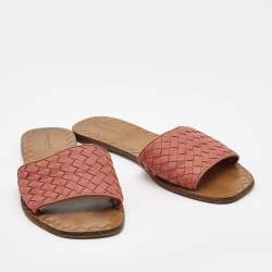Pre Owned Bottega Veneta Pink Intrecciato Leather Flat Slides Size 41