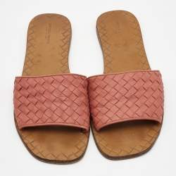 Pre Owned Bottega Veneta Pink Intrecciato Leather Flat Slides Size 41