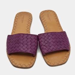 Pre Owned Bottega Veneta Purple Leather Flat Slide Size 41