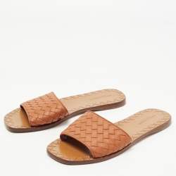 مملوكة مسبقًا Bottega Veneta Orange Intrecciato Leather Flat Slides Size 36