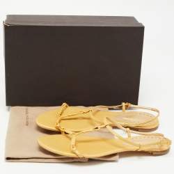 Pre Owned Bottega Veneta Light Yellow Leather Ankle Strap Flat Sandals Size 39.5