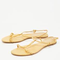 Pre Owned Bottega Veneta Light Yellow Leather Ankle Strap Flat Sandals Size 39.5