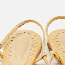 Pre Owned Bottega Veneta Light Yellow Leather Ankle Strap Flat Sandals Size 39.5