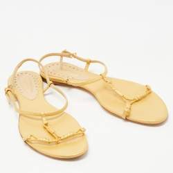 Pre Owned Bottega Veneta Light Yellow Leather Ankle Strap Flat Sandals Size 39.5