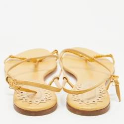 Pre Owned Bottega Veneta Light Yellow Leather Ankle Strap Flat Sandals Size 39.5