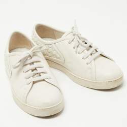 Pre Owned Bottega Veneta White Intrecciato Leather Low Top Sneakers Size 36