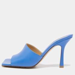 Pre Owned Bottega Veneta Blue Leather Stretch Square Toe Slide Sandals Size 37