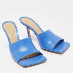 Pre Owned Bottega Veneta Blue Leather Stretch Square Toe Slide Sandals Size 37