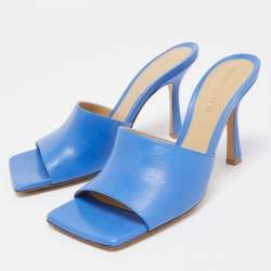 Pre Owned Bottega Veneta Blue Leather Stretch Square Toe Slide Sandals Size 37