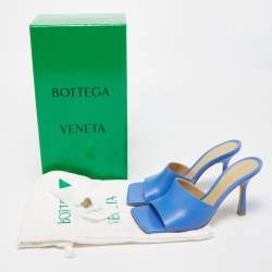Pre Owned Bottega Veneta Blue Leather Stretch Square Toe Slide Sandals Size 37