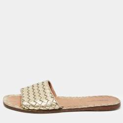 مملوكة مسبقًا Bottega Veneta Gold Intrecciato Leather Flat Slides Size 38.5
