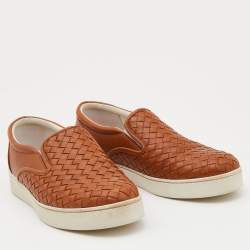 Pre Owned Bottega Veneta Tan Intrecciato Leather Dodger Slip On Sneakers Size 40
