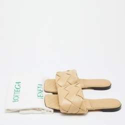 Pre Owned Bottega Veneta Beige Intrecciato Leather Lido Flat Slides Size 38 